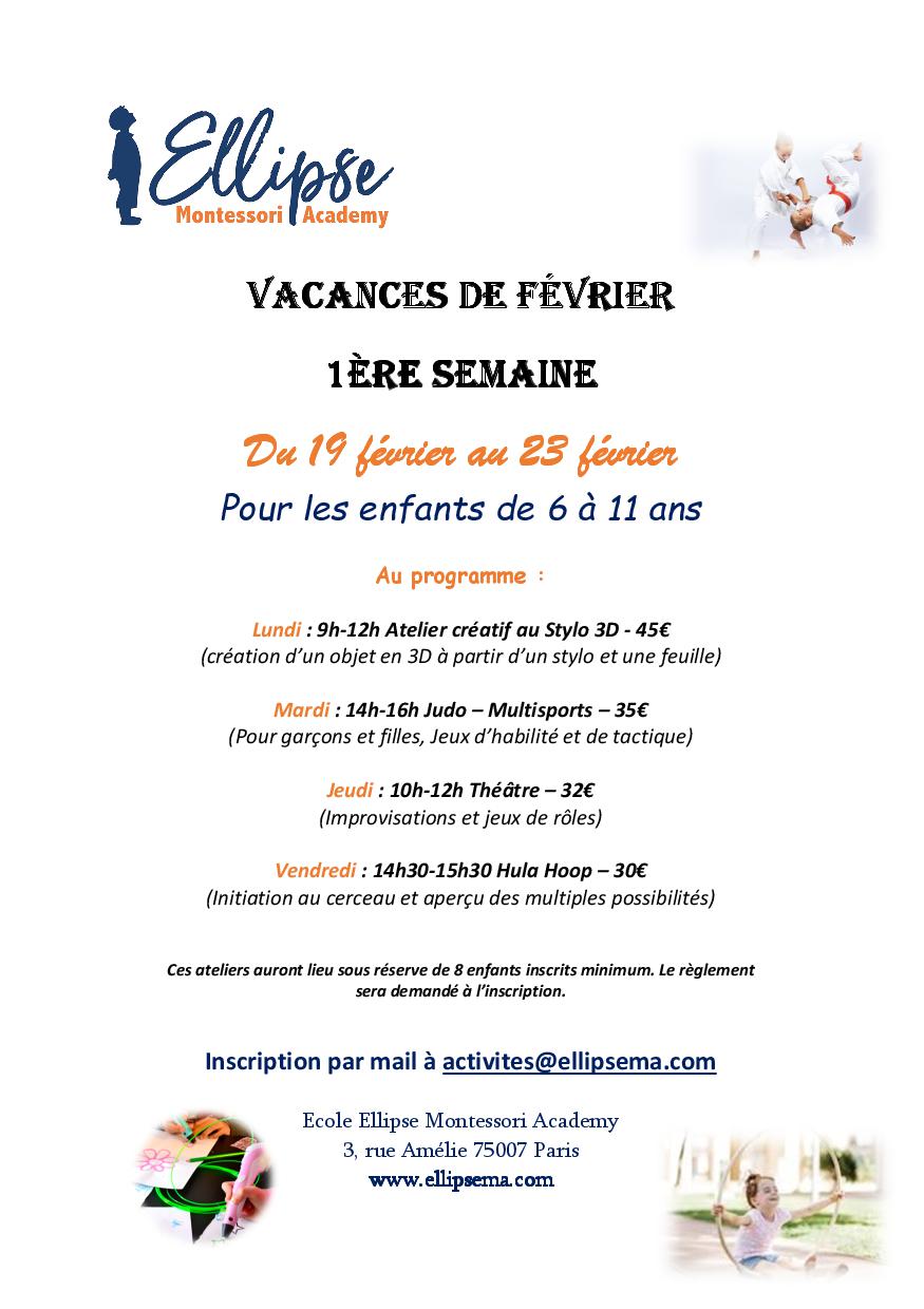 Flyer Vacances Fevrier - 1ere semaine - Ellipse Montessori Academy