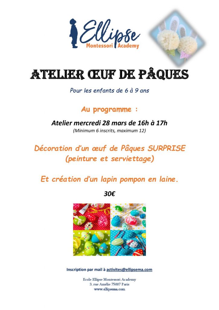 Flyer atelier Oeuf de paques - Ellipse Montessori Academy