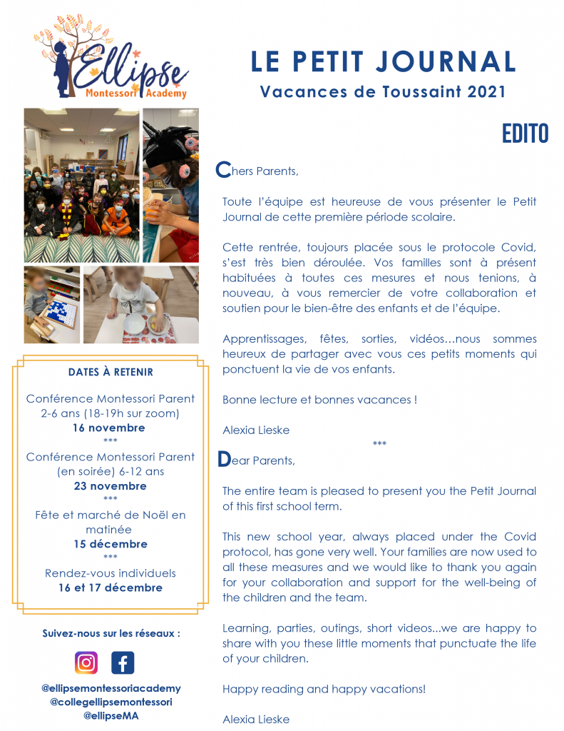 1ère page Le Petit Journal de la Toussaint - Ellipse Montessori Academy