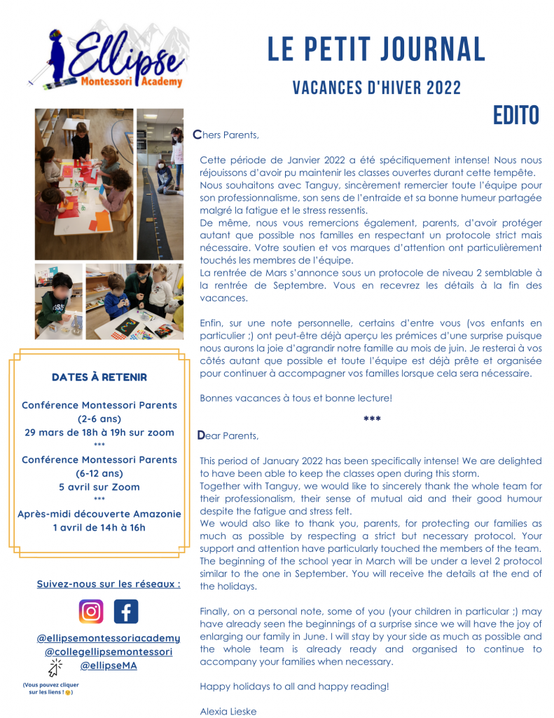Le Petit Journal d'Hiver (1) - Ellipse Montessori Academy Petit Journal Hiver, retrouver les actualités de l'école Ellipse Montessori Academy
