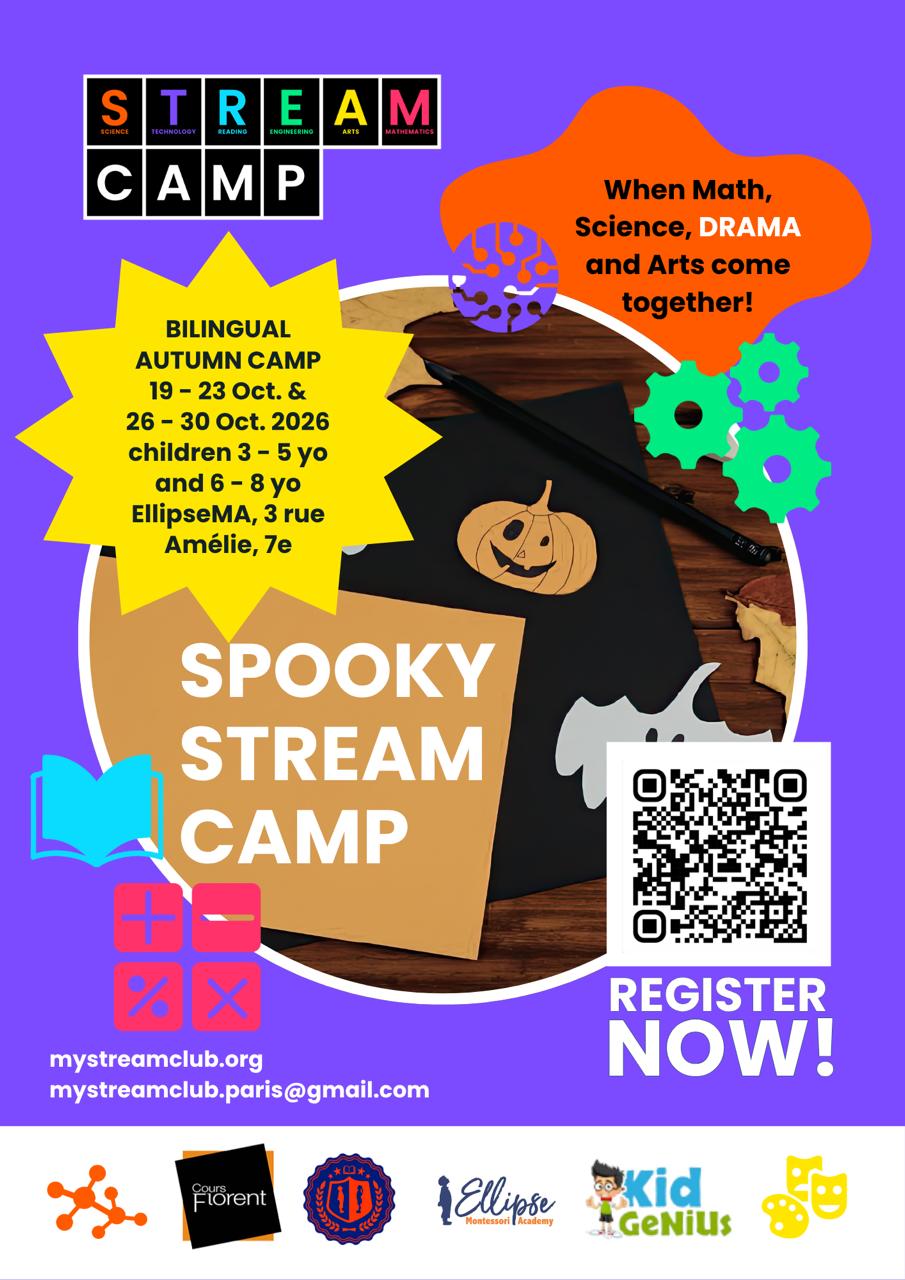 Spooky STREAM Camp : stages bilingues du 19 au 23 et du 26 au 30 octobre 2026, pour les enfants de 3 à 5 ans et de 6 à 8 ans, chez Ellipse Montessori Academy, 3 rue Amélie, Paris 7e.